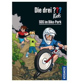 Drei Kinder fahren mit dem Rad oder laufen auf einem steinigen Weg eines trägt Helm. Buchcover Die drei ?? Kinder.
