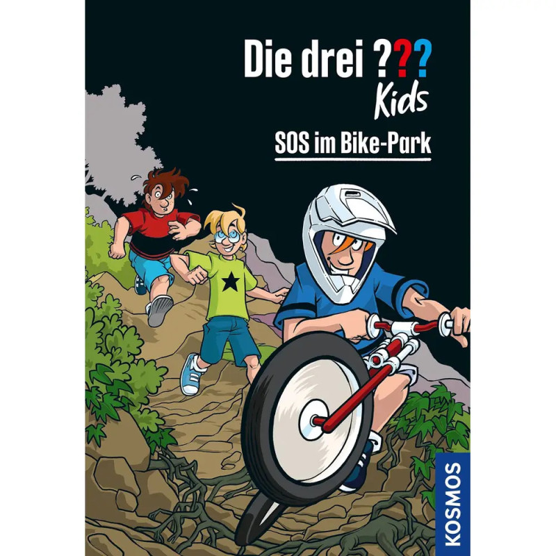 Drei Kinder fahren mit dem Rad oder laufen auf einem steinigen Weg eines trägt Helm. Buchcover Die drei ?? Kinder.