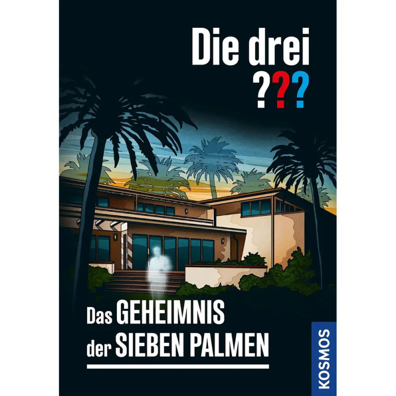 Buchcover: modernes Haus, Palmen, geisterhafte Figur, Text Die drei ??? - Das Geheimnis der Sieben Palmen.