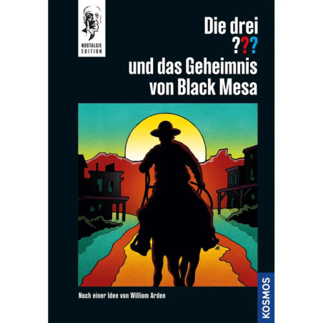 Cowboy-Silhouette reitet bei Sonnenuntergang in eine Stadt, darüber liegt ein deutscher Text.