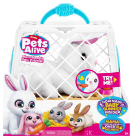 Weißes Plüschkaninchen in einer Plastikbox mit bunten Kaninchenzeichnungen und Produktaufklebern auf der Packung.