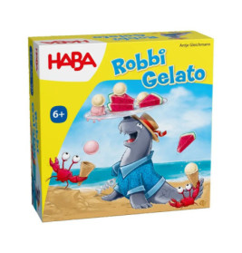 Box des Spiels Robbi Gelato mit einem Seehund im Shirt, der Eis balanciert, und Krebsen mit Eiswaffeln.