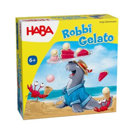 Box des Spiels Robbi Gelato mit einem Seehund im Shirt, der Eis balanciert, und Krebsen mit Eiswaffeln.