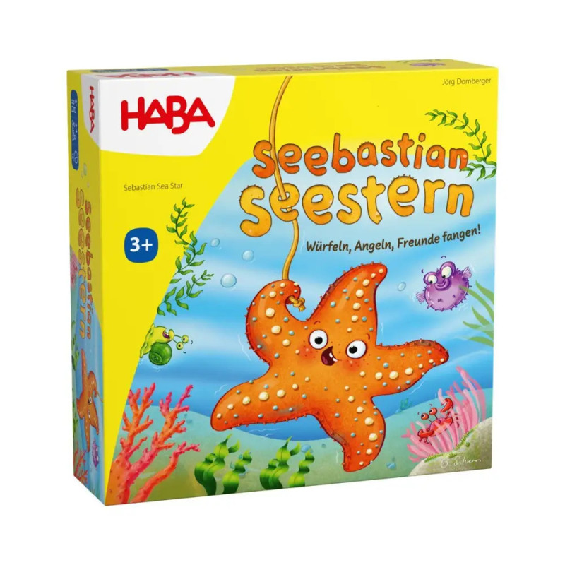 Gelbe HABA-Spielschachtel mit lächelndem Seestern und Unterwassermotiv, geeignet für Kinder ab 3 Jahren.