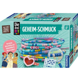 Bunte Geheim-Schmuck Bastelbox mit Perlen, Morsecode-Set und zwei gezeichneten Mädchen auf der Vorderseite.