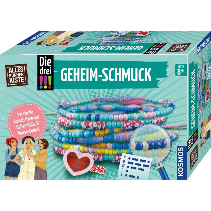 Bunte Geheim-Schmuck Bastelbox mit Perlen, Morsecode-Set und zwei gezeichneten Mädchen auf der Vorderseite.
