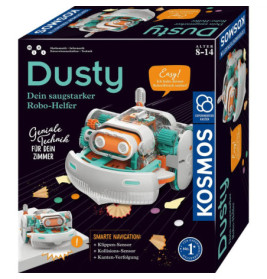 Kosmos Dusty Roboter-Staubsauger Bausatz für 8-14 Jahre, mit Produktabbildung und wichtigsten Merkmalen.