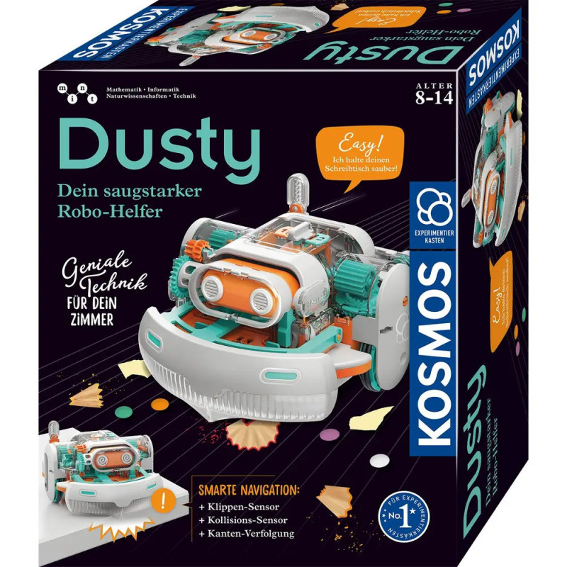 Kosmos Dusty Roboter-Staubsauger Bausatz für 8-14 Jahre, mit Produktabbildung und wichtigsten Merkmalen.