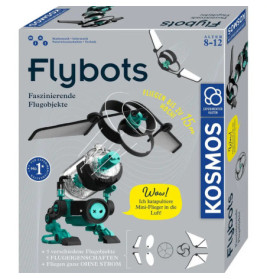 Kosmos Flybots Bausatz: Fliegender Roboter, Propeller und Produktinfos für Kinder von 8-12 Jahren auf der Box.
