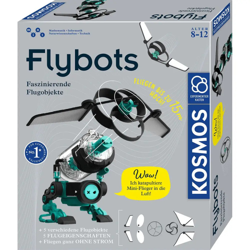 Kosmos Flybots Bausatz: Fliegender Roboter, Propeller und Produktinfos für Kinder von 8-12 Jahren auf der Box.
