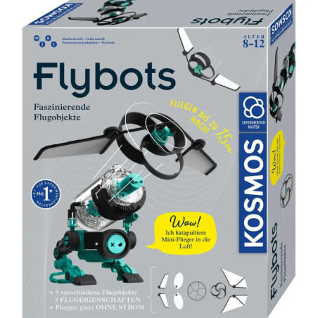 Kosmos Flybots Bausatz: Fliegender Roboter, Propeller und Produktinfos für Kinder von 8-12 Jahren auf der Box.