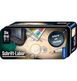 Deutsches Detektivset mit Lupe, Stift und Notizen, beschriftet als Schrift-Labor.