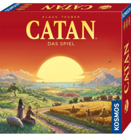Boxcover von Catan mit Sonnenuntergang über Feldern, Dorfbewohnern und einem Dorf im Hintergrund.