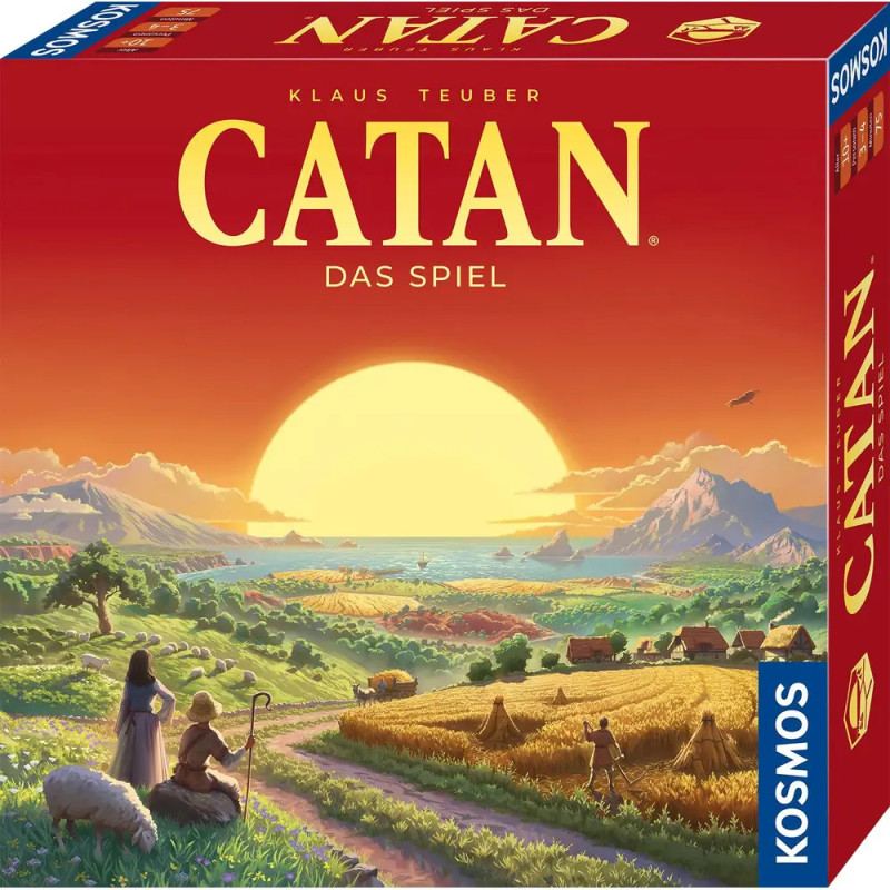 Boxcover von Catan mit Sonnenuntergang über Feldern, Dorfbewohnern und einem Dorf im Hintergrund.
