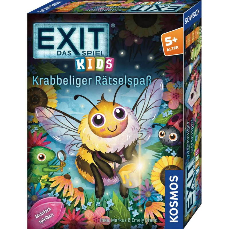 Bunte EXIT Das Spiel Kids-Spielschachtel mit lächelnder Cartoon-Biene und Blumen. Bunte EXIT Das Spiel Kids-Spielschachtel mit lächelnder Cartoon-Biene und Blumen.
