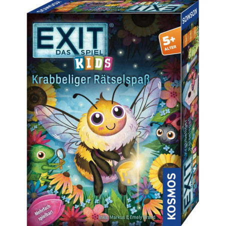 Bunte EXIT Das Spiel Kids-Spielschachtel mit lächelnder Cartoon-Biene und Blumen.