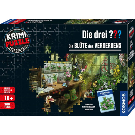 Puzzlebox mit Gewächshausszene und deutschem Text: Die drei ???, Die Blüte des Verderbens.