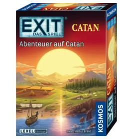 Boxcover von Exit: Das Spiel - Abenteuer auf Catan mit Sonnenuntergang, Landschaft und Segelschiff.