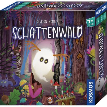 Spielschachtel von Schattenwald mit leuchtender Kreatur in einem fantasievollen, bunten Wald.