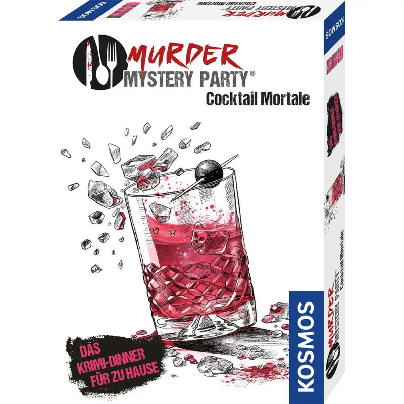 Box der Murder Mystery Party Cocktail Mortale mit rotem Drink, Eis und verschütteter schwarzer Kirsche.