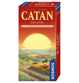 Catan-Spielbox mit Sonnenuntergang über Feldern, Straße und Wagen auf der Box steht Catan - Das Spiel.
