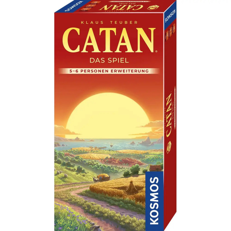 Catan-Spielbox mit Sonnenuntergang über Feldern, Straße und Wagen auf der Box steht Catan - Das Spiel.