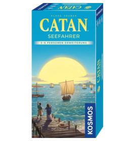 Catan Seefahrer 5-6 Spieler Erweiterung: Box mit Schiffen, die bei Sonnenuntergang auf eine Insel zusteuern.