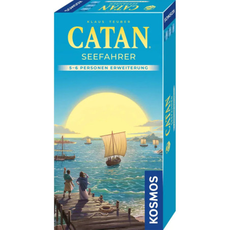 Catan Seefahrer 5-6 Spieler Erweiterung: Box mit Schiffen, die bei Sonnenuntergang auf eine Insel zusteuern.