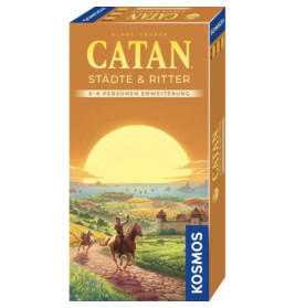 Catan: Städte & Ritter 5-6 Spieler Erweiterung, Reiter nahe einem Dorf bei Sonnenuntergang.