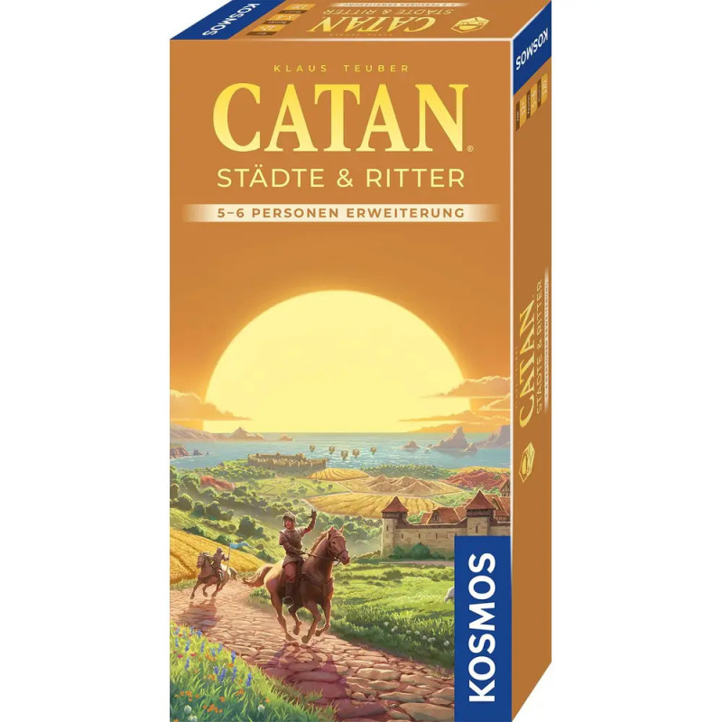 Catan: Städte & Ritter 5-6 Spieler Erweiterung, Reiter nahe einem Dorf bei Sonnenuntergang.