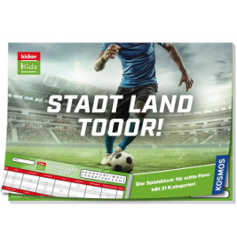 Ein Fußballspieler schießt im Stadion einen Ball, darüber steht der Schriftzug STADT LAND TOOOOR!.