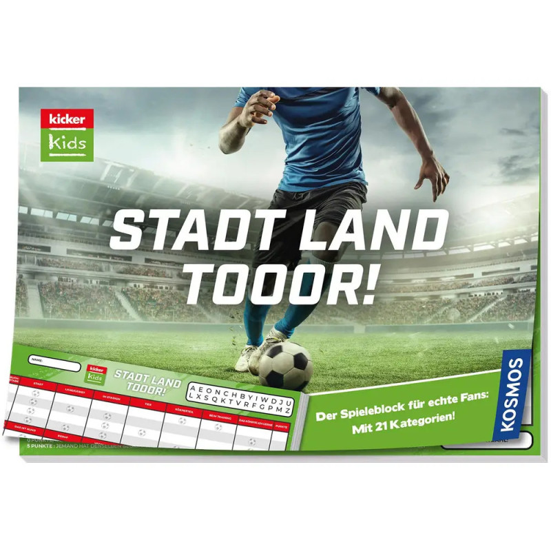 Ein Fußballspieler schießt im Stadion einen Ball, darüber steht der Schriftzug STADT LAND TOOOOR!. Ein Fußballspieler schießt im Stadion einen Ball, darüber steht der Schriftzug STADT LAND TOOOOR!.