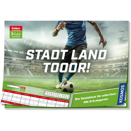 Ein Fußballspieler schießt im Stadion einen Ball, darüber steht der Schriftzug STADT LAND TOOOOR!. Ein Fußballspieler schießt im Stadion einen Ball, darüber steht der Schriftzug STADT LAND TOOOOR!.