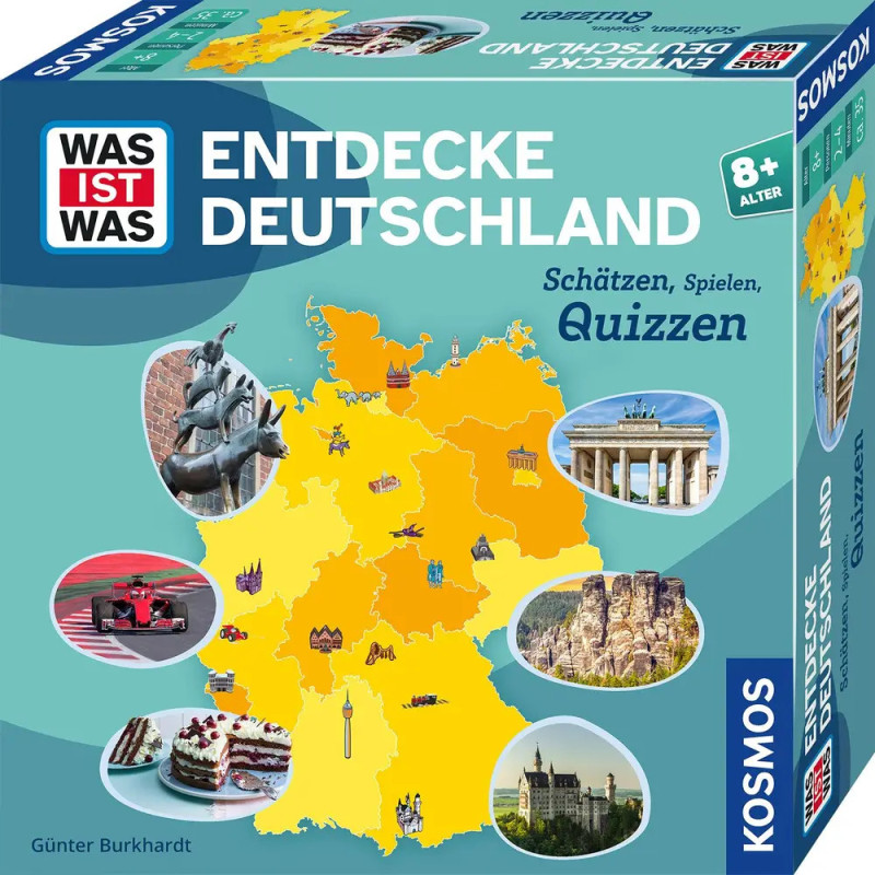 Box von Entdecke Deutschland: Deutsches Wissensspiel ab 8 Jahren mit Karte und berühmten Sehenswürdigkeiten.