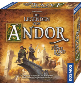 Box der Die Legenden von Andor: Das ferne Land mit Fantasy-Figuren und einer Burg auf dem Cover.