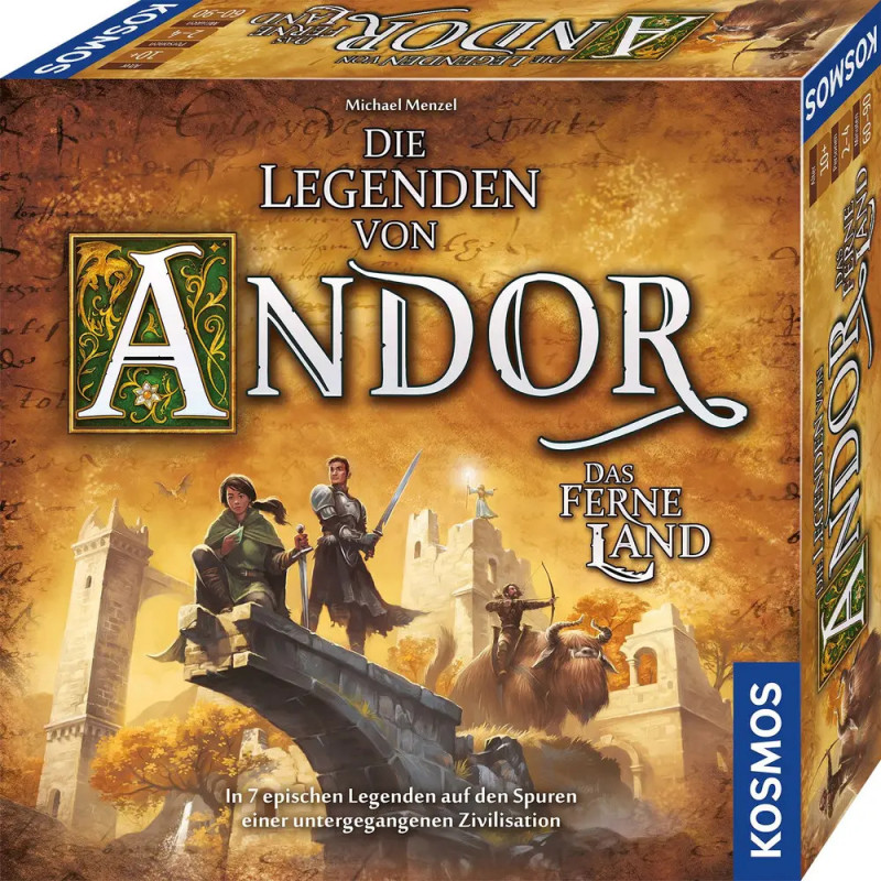 Box der Die Legenden von Andor: Das ferne Land mit Fantasy-Figuren und einer Burg auf dem Cover.