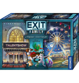 EXIT Das Spiel Family: Box mit Jahrmarkt- und Talentshow-Motiv, Tiere auf Bühne, Riesenrad im Hintergrund.