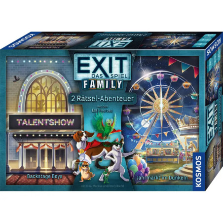 EXIT Das Spiel Family: Box mit Jahrmarkt- und Talentshow-Motiv, Tiere auf Bühne, Riesenrad im Hintergrund.