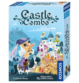 Castle Combo Brettspielbox mit Cartoon-Ritter auf Pferd vor bunten Schlossgebäuden im Hintergrund.