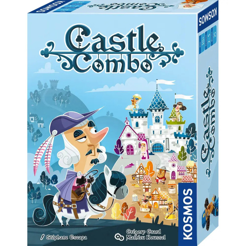 Castle Combo Brettspielbox mit Cartoon-Ritter auf Pferd vor bunten Schlossgebäuden im Hintergrund.