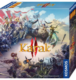 Karak II Spielschachtel mit Fantasy-Helden und Monstern in einer Kampfszene.