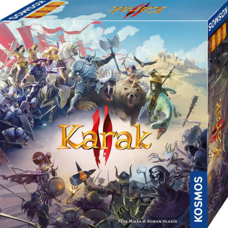 Karak II Spielschachtel mit Fantasy-Helden und Monstern in einer Kampfszene.