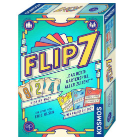 Bunte Flip 7 Kartenspiel-Box mit Karten und Details, beschriftet als Das beste Kartenspiel aller Zeiten!.