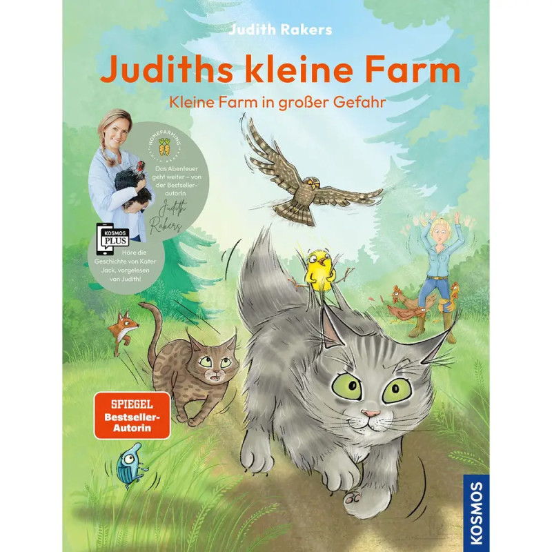 Buchcover: Eine Katze läuft im Gras, im Hintergrund Ziege, Greifvogel und Mädchen Titel: Judiths kleine Farm. Buchcover: Eine Katze läuft im Gras, im Hintergrund Ziege, Greifvogel und Mädchen Titel: Judiths kleine Farm.