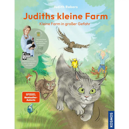 Buchcover: Eine Katze läuft im Gras, im Hintergrund Ziege, Greifvogel und Mädchen Titel: Judiths kleine Farm. Buchcover: Eine Katze läuft im Gras, im Hintergrund Ziege, Greifvogel und Mädchen Titel: Judiths kleine Farm.