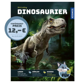 Ein großer Dinosaurier brüllt im Dschungel auf dem Cover eines deutschen Dinosaurierbuchs von Birk Grüling.