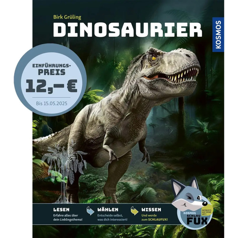 Ein großer Dinosaurier brüllt im Dschungel auf dem Cover eines deutschen Dinosaurierbuchs von Birk Grüling.