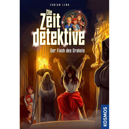 Eine Frau in Weiß erhebt in einem Tempel die Arme, während Statuen und drei Kinder sie beobachten.