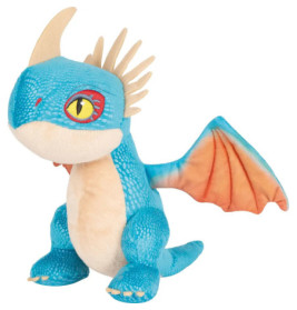 Blauer Plüsch-Drache mit gelben Augen, beigen Stacheln und orangefarbenen Flügelspitzen sitzt aufrecht.