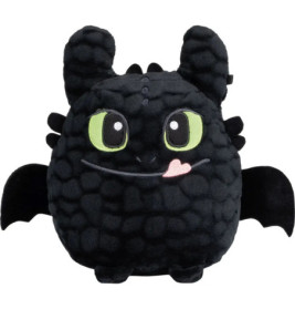 Plüschdrache mit grünen Augen, schwarzen Schuppen, kleinen Flügeln und herausgestreckter rosa Zunge.